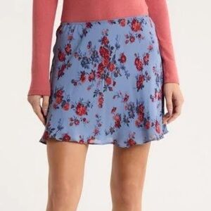 Reformation Blue Floral Mini Skirt with Red Blossoms